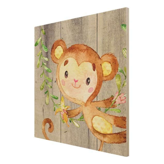 decoração quadros Watercolour Monkey On Wood