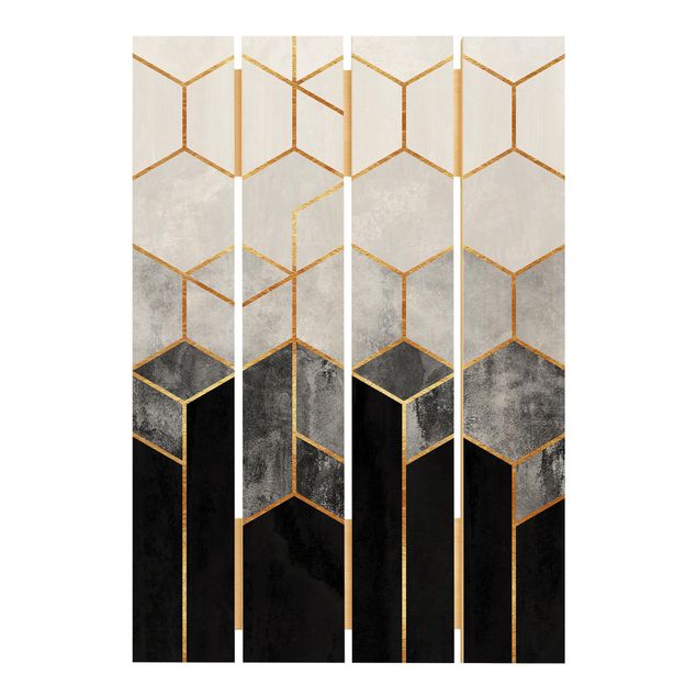 quadros em madeira para decoração Golden Hexagons Black And White