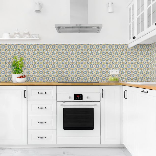 Backsplash de cozinha imitação azulejos Floral Tiles Blue Yellow
