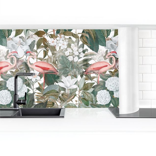 Quadros de Andrea Haase Pink Flamingos With Leaves And White Flowers II