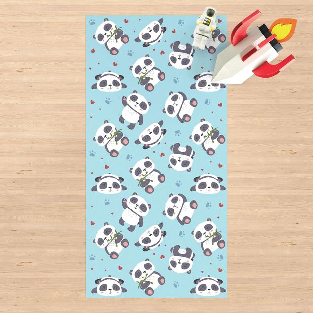 Tapetes exteriores Cute Panda With Paw Prints And Hearts Pastel Blue