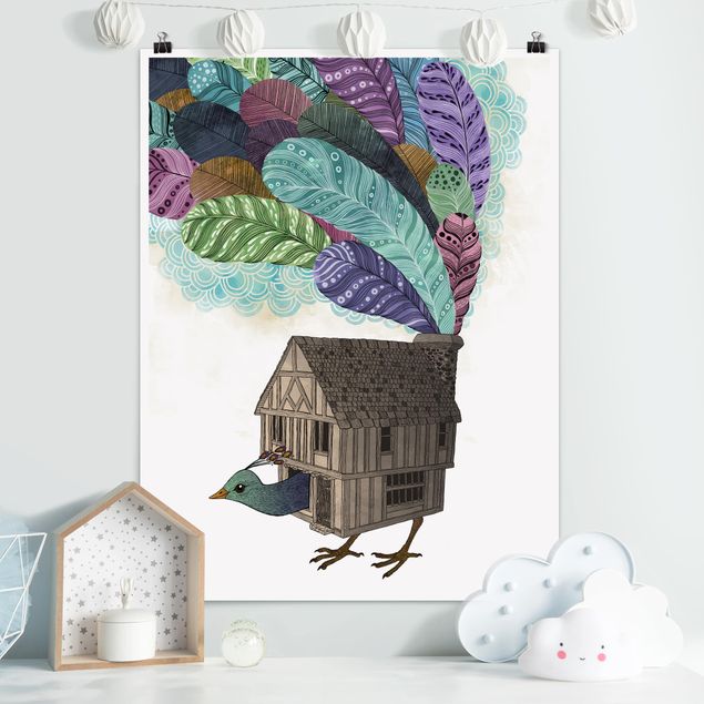 Posters quadros famosos Illustration Birdhouse With Feathers