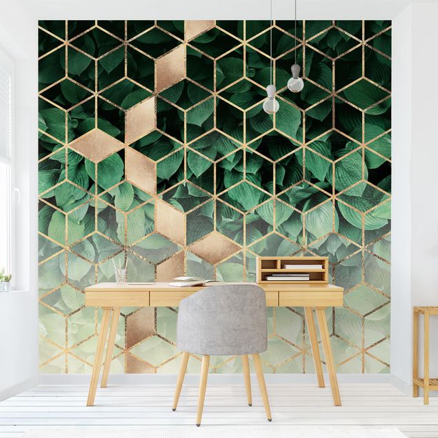 papel de parede moderno para sala Green Leaves Golden Geometry