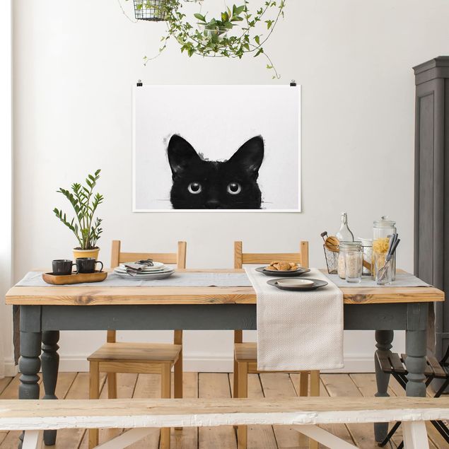 poster preto e branco Illustration Black Cat On White Painting