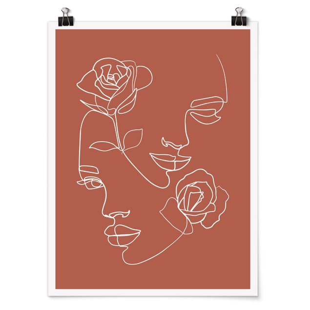Quadros florais Line Art Faces Women Roses Copper