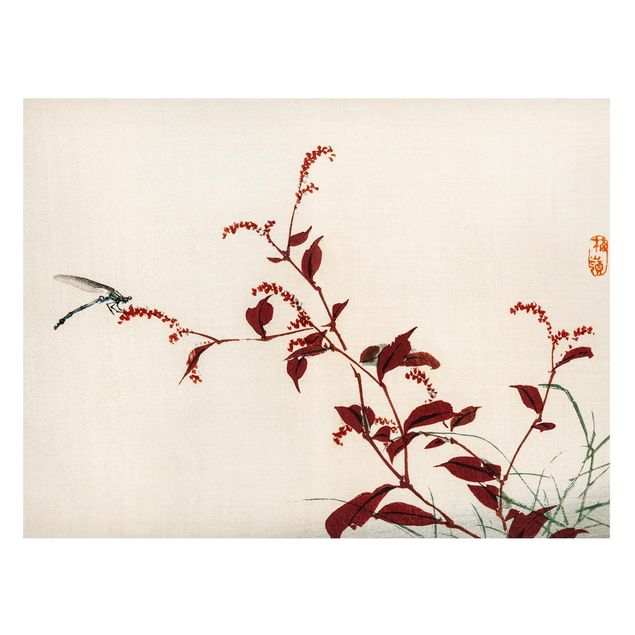 Quadros magnéticos flores Asian Vintage Drawing Red Branch With Dragonfly
