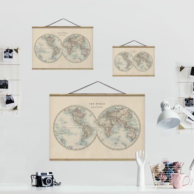 quadro de tecido para parede Vintage World Map The Two Hemispheres