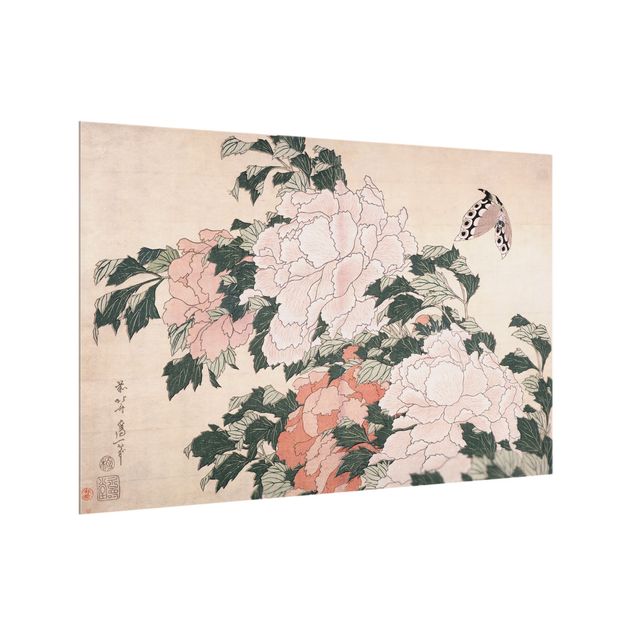 Painel anti-salpicos de cozinha flores Katsushika Hokusai - Pink Peonies With Butterfly