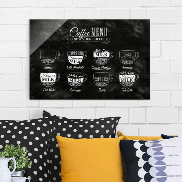 Quadros em vidro em preto e branco Coffee Varieties Chalkboard