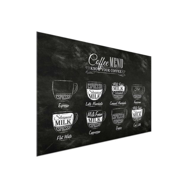 Quadros em vidro frases Coffee Varieties Chalkboard