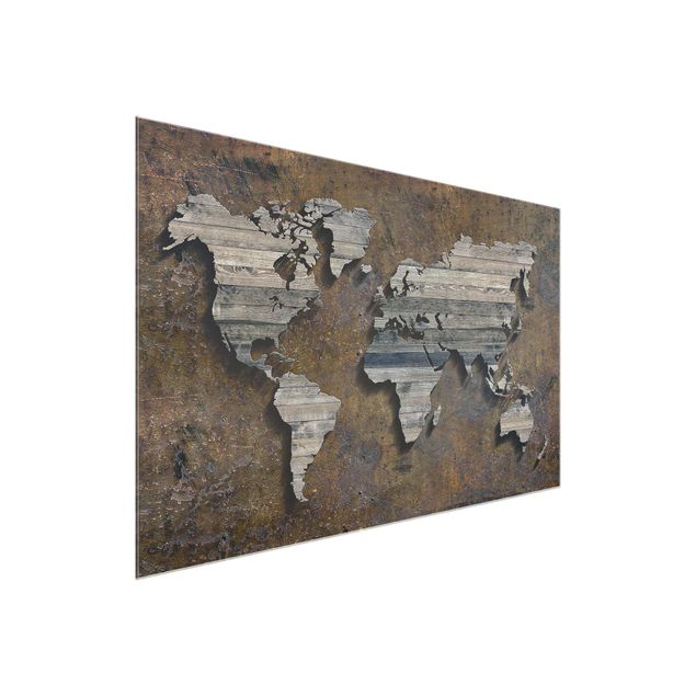 Quadros em vidro mapas Wooden Grid World Map
