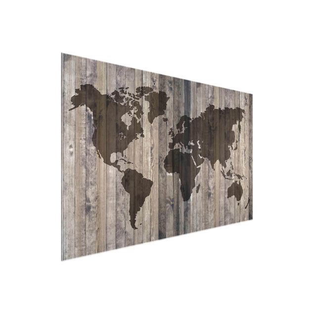 Quadros em vidro mapas Wood World Map