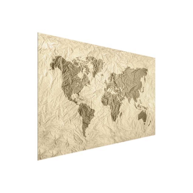 Quadros em vidro mapas Paper World Map Beige Brown