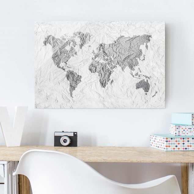 Quadros em vidro em preto e branco Paper World Map White Grey