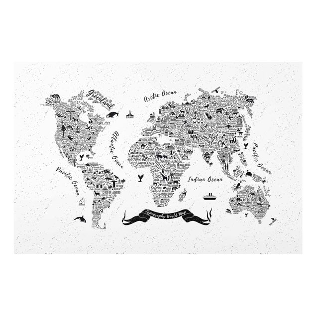 quadros preto e branco para decoração Typography World Map White