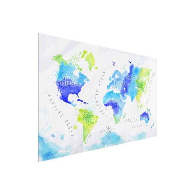 Quadros em vidro mapas World Map Watercolour Blue Green