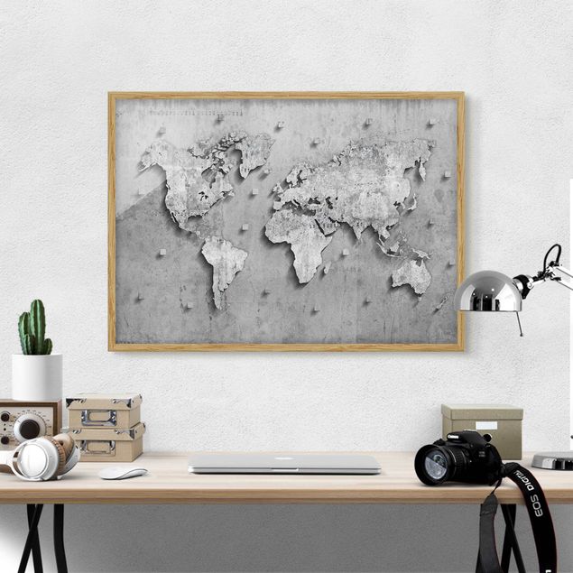 Quadros com moldura mapa-múndi Concrete World Map