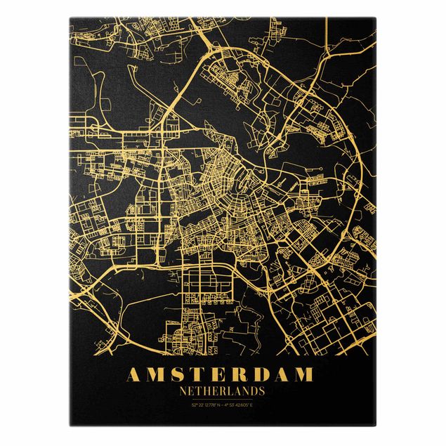 telas decorativas para paredes Amsterdam City Map - Classic Black