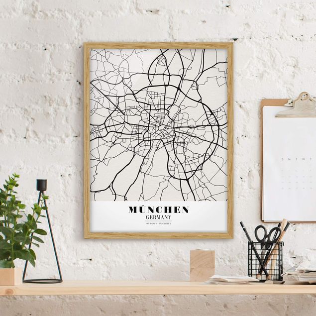 Quadros com moldura em preto e branco Munich City Map - Classic