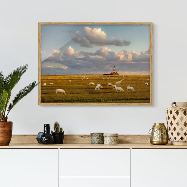 decoraçao para parede de cozinha North Sea Lighthouse With Flock Of Sheep