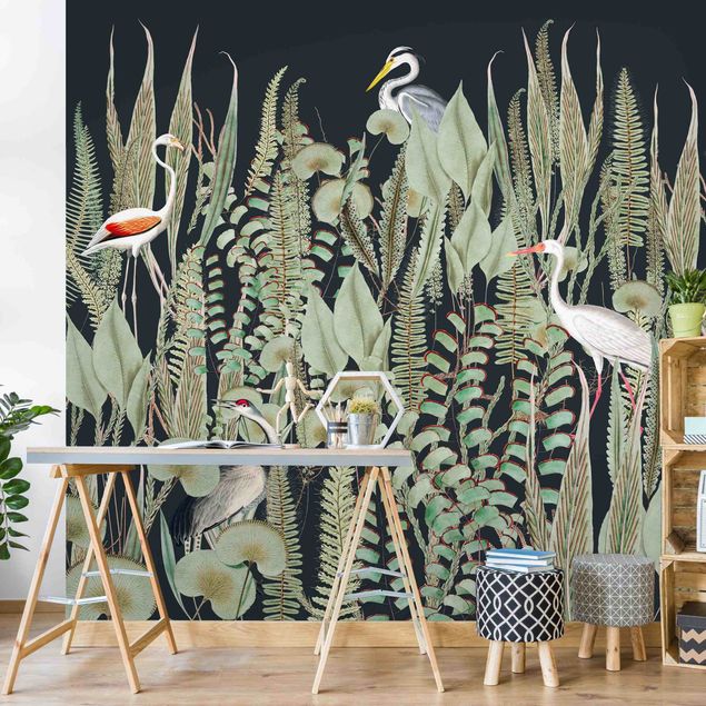 Papel de parede flamingo Flamingo And Stork With Plants On Green