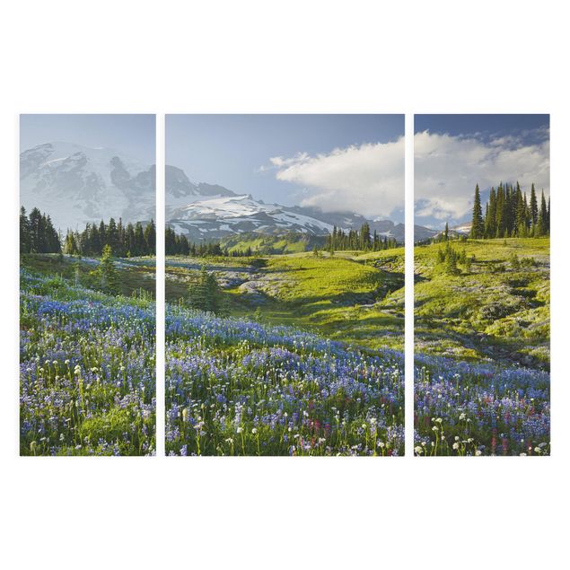 Quadros paisagens Mountain Meadow With Blue Flowers in Front of Mt. Rainier