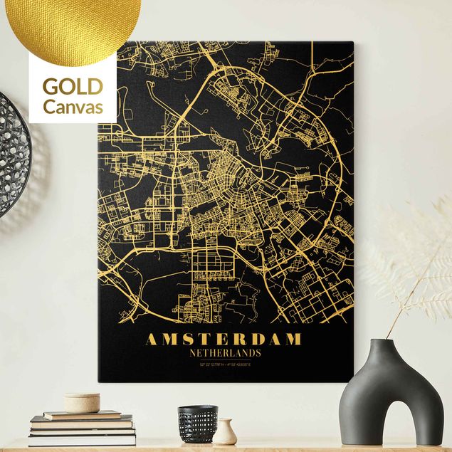 quadro mapa do mundo Amsterdam City Map - Classic Black