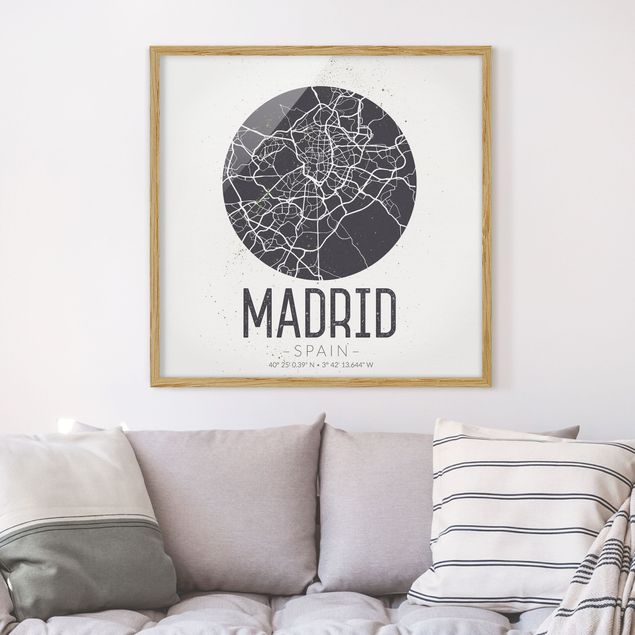 Quadros com moldura em preto e branco Madrid City Map - Retro