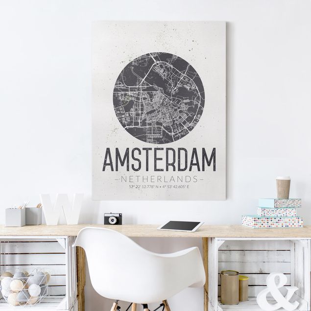 Telas decorativas em preto e branco Amsterdam City Map - Retro
