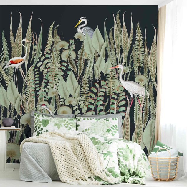 papel de parede floral vintage Flamingo And Stork With Plants On Green