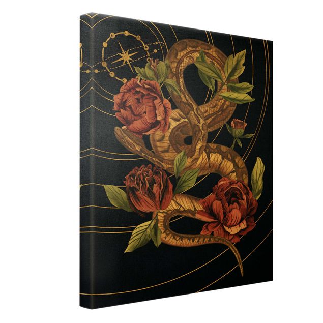 Telas decorativas Snake With Roses Black And Gold IV