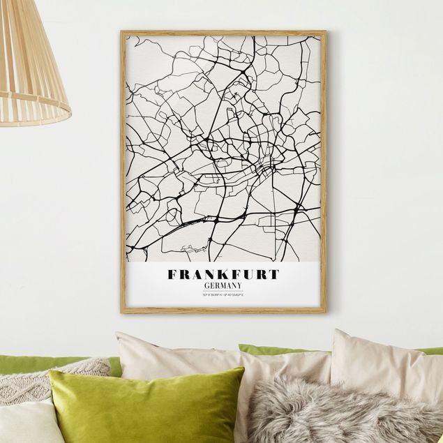 Quadros com moldura em preto e branco Frankfurt City City Map - Classical