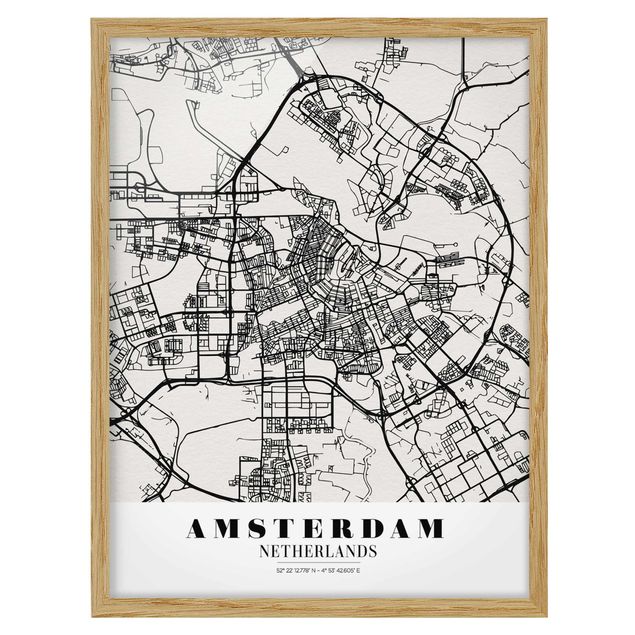 Quadros com moldura mapa-múndi Amsterdam City Map - Classic