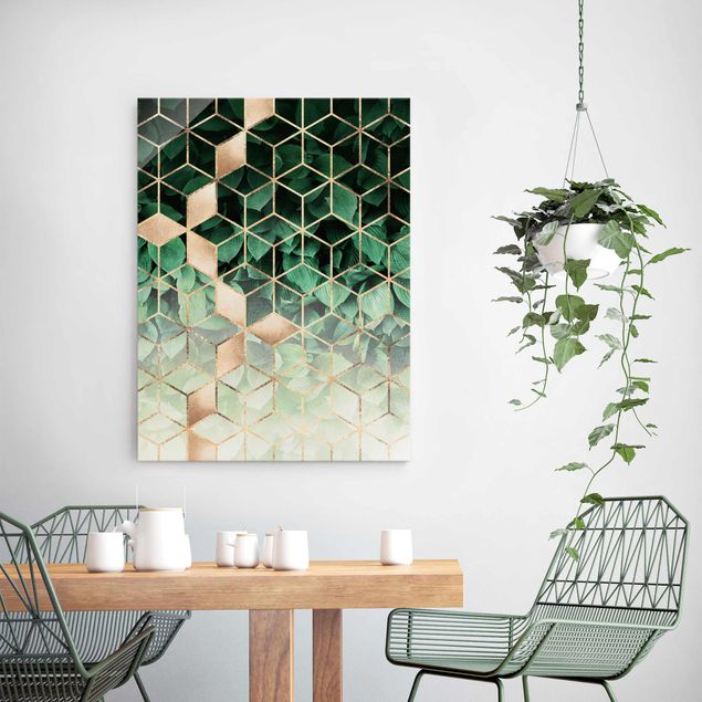 quadro em 3d Green Leaves Golden Geometry
