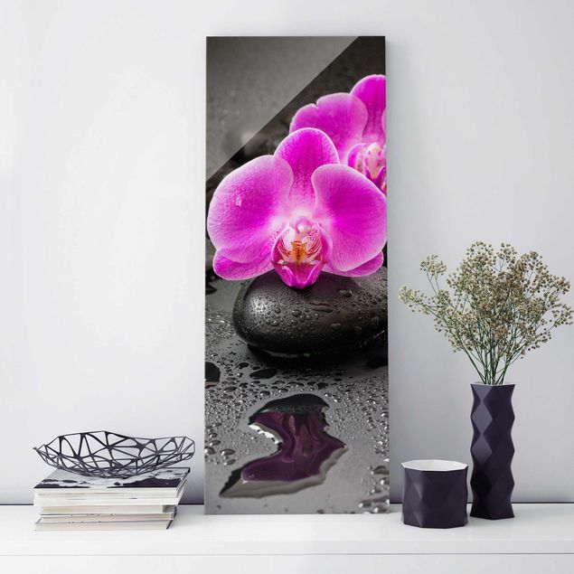 Quadros em vidro de orquídeas Pink Orchid Flower On Stones With Drops