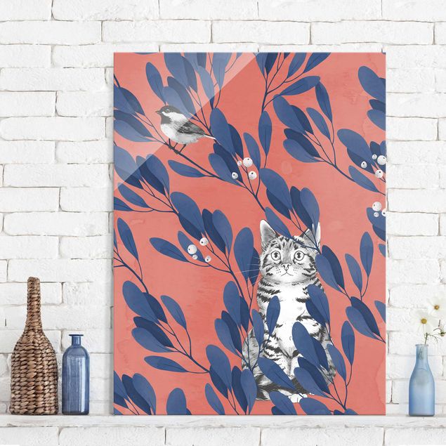 Quadros de Laura Graves Art Illustration Cat And Bird On Branch Blue Red