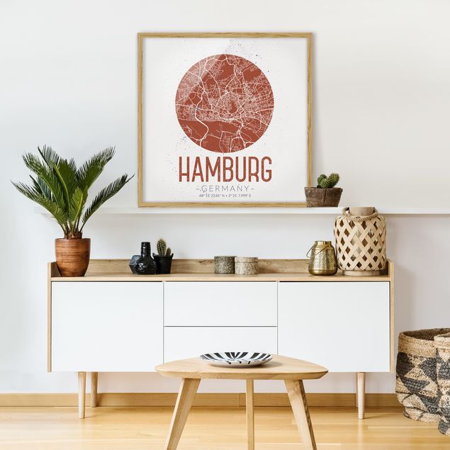 Quadros com moldura frases Hamburg City Map - Retro