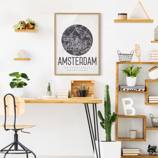 Quadros com moldura frases Amsterdam City Map - Retro