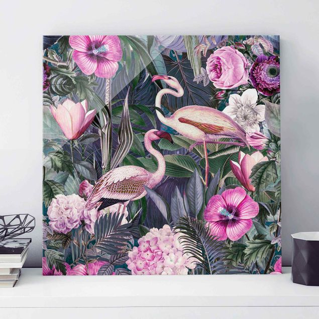 Quadros em vidro de rosas Colourful Collage - Pink Flamingos In The Jungle
