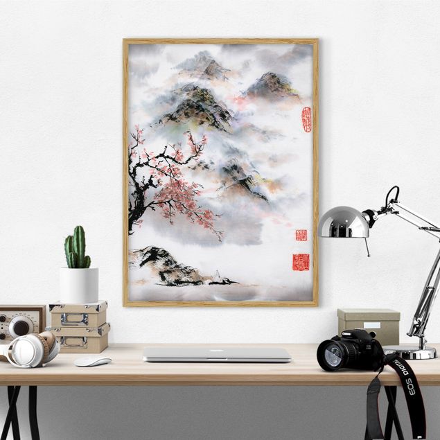 decoraçoes cozinha Japanese Watercolour Drawing Cherry Tree And Mountains