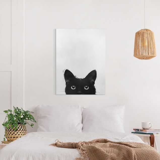 Telas decorativas gatos Illustration Black Cat On White Painting