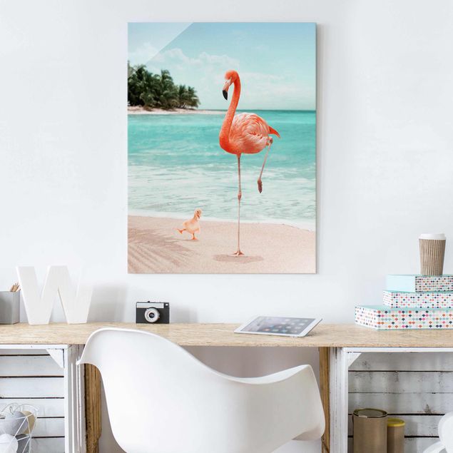 decoraçao para parede de cozinha Beach With Flamingo