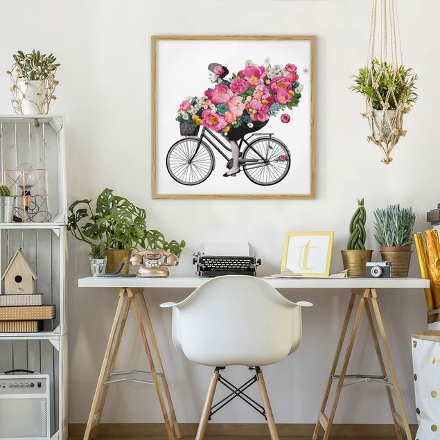 Quadros com moldura flores Illustration Woman On Bicycle Collage Colourful Flowers