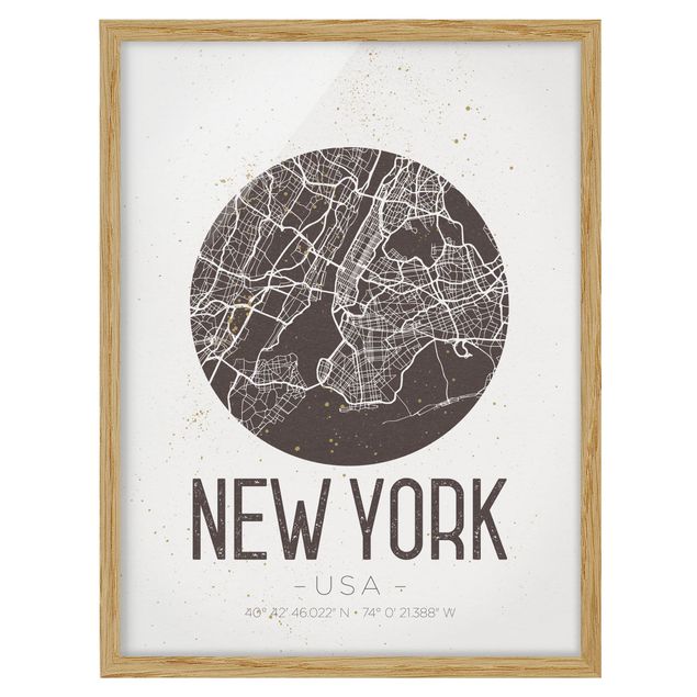 Quadros com moldura frases New York City Map - Retro