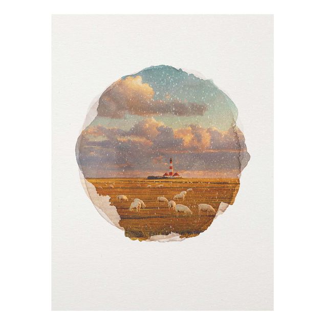 Quadros mar WaterColours - North Sea Lighthouse With Sheep Herd