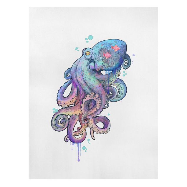 Telas decorativas réplicas de quadros famosos Illustration Octopus Violet Turquoise Painting