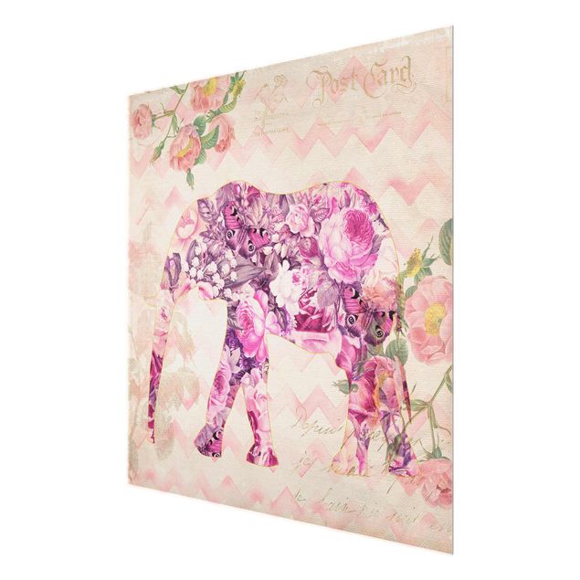 Quadros florais Vintage Collage - Pink Flowers Elephant