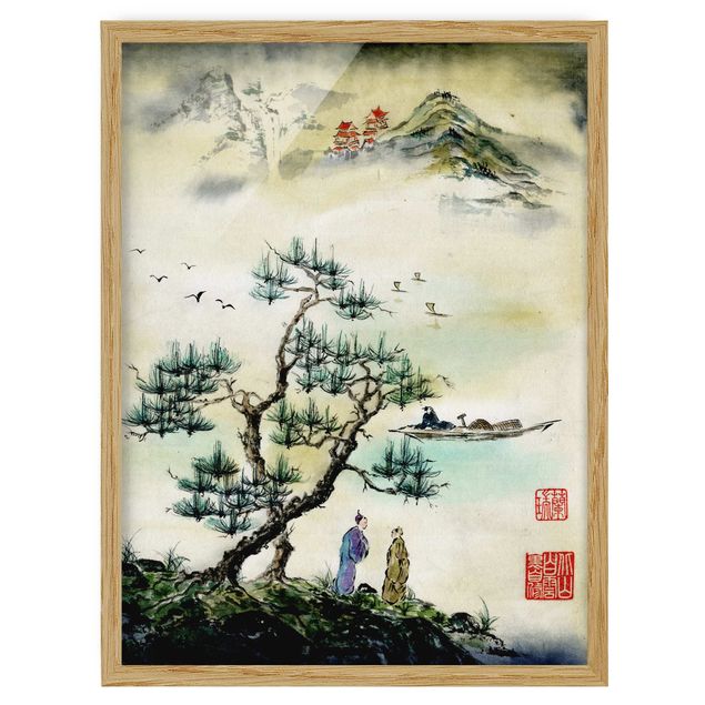quadros de paisagens Japanese Watercolour Drawing Pine And Mountain Village