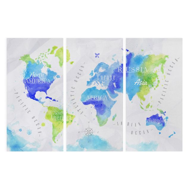 quadros azuis World Map Watercolour Blue Green