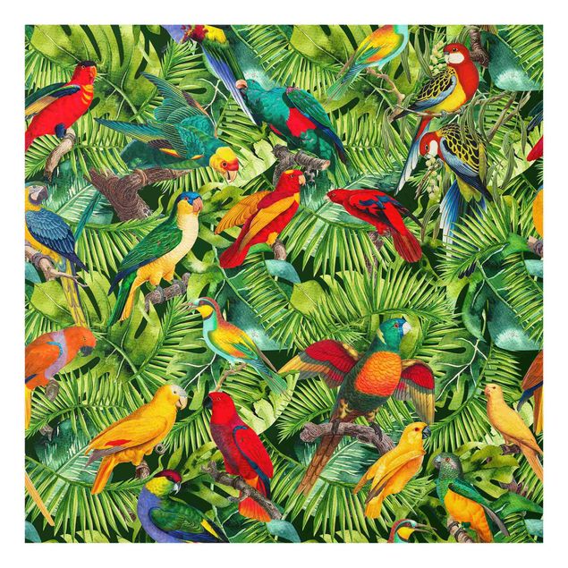 quadros de flores Colourful Collage - Parrots In The Jungle